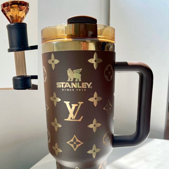 Stanley Brown 40oz Tumbler Laser w/ Brown Gem Straw Topper &Brown Boot Sleeve lv - Picture 1 of 7